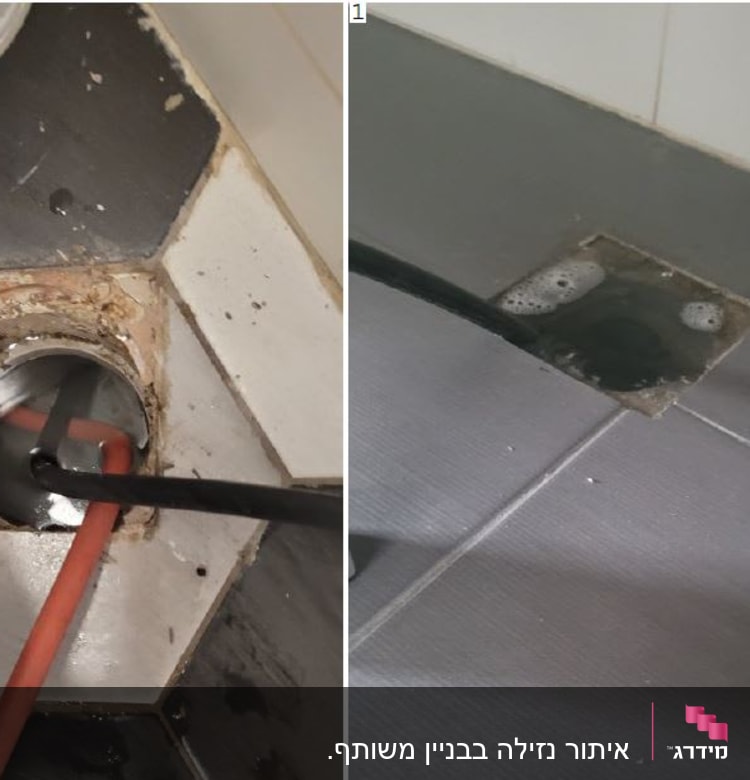 צינור שחור ואדום בתוך פתח ניקוז מרובע